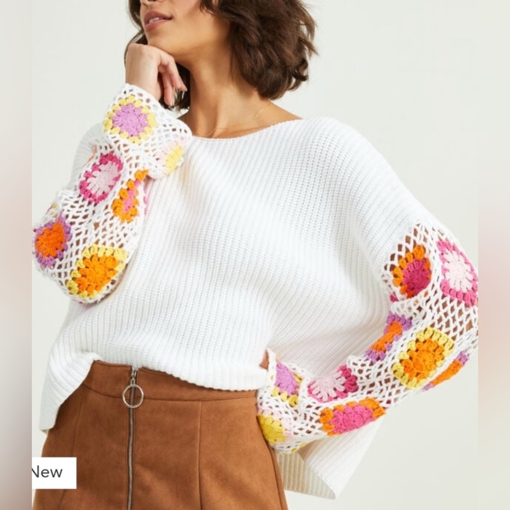 Altar'd State Cream Boho Knit Cropped Sweater Crochet Granny Square Sleeves S